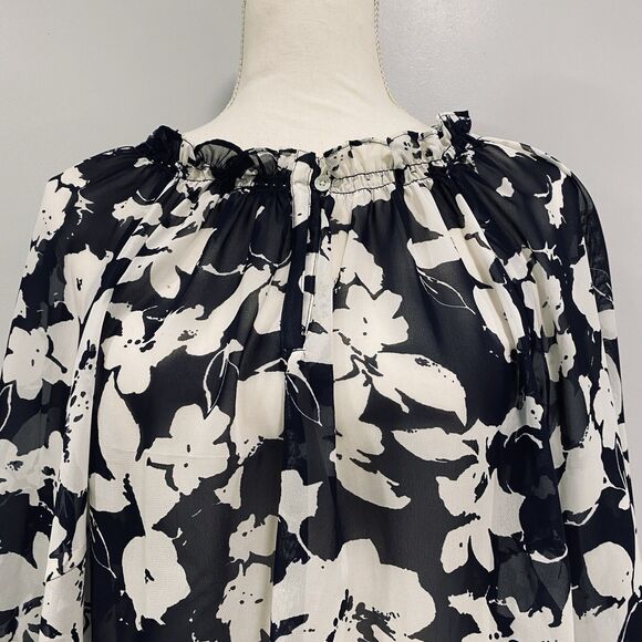 CHAPS 2X Women’s Navy White Floral Sheer Peasant Cottagecore Chic Beachy Blouse - Picture 2 of 15